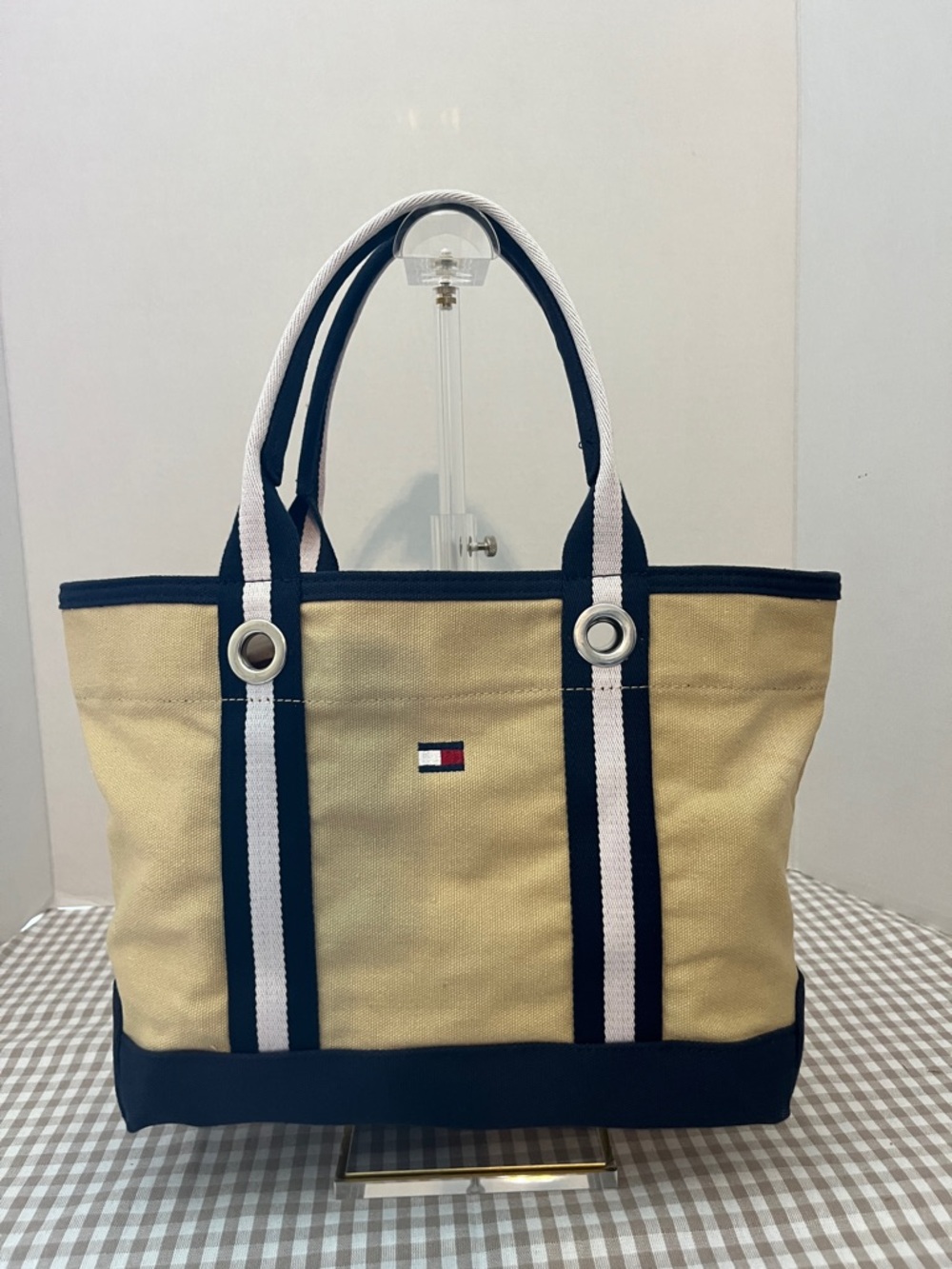 Tommy Hilfiger Canvas Tote Bag, Beige and Navy, Excellent Condition